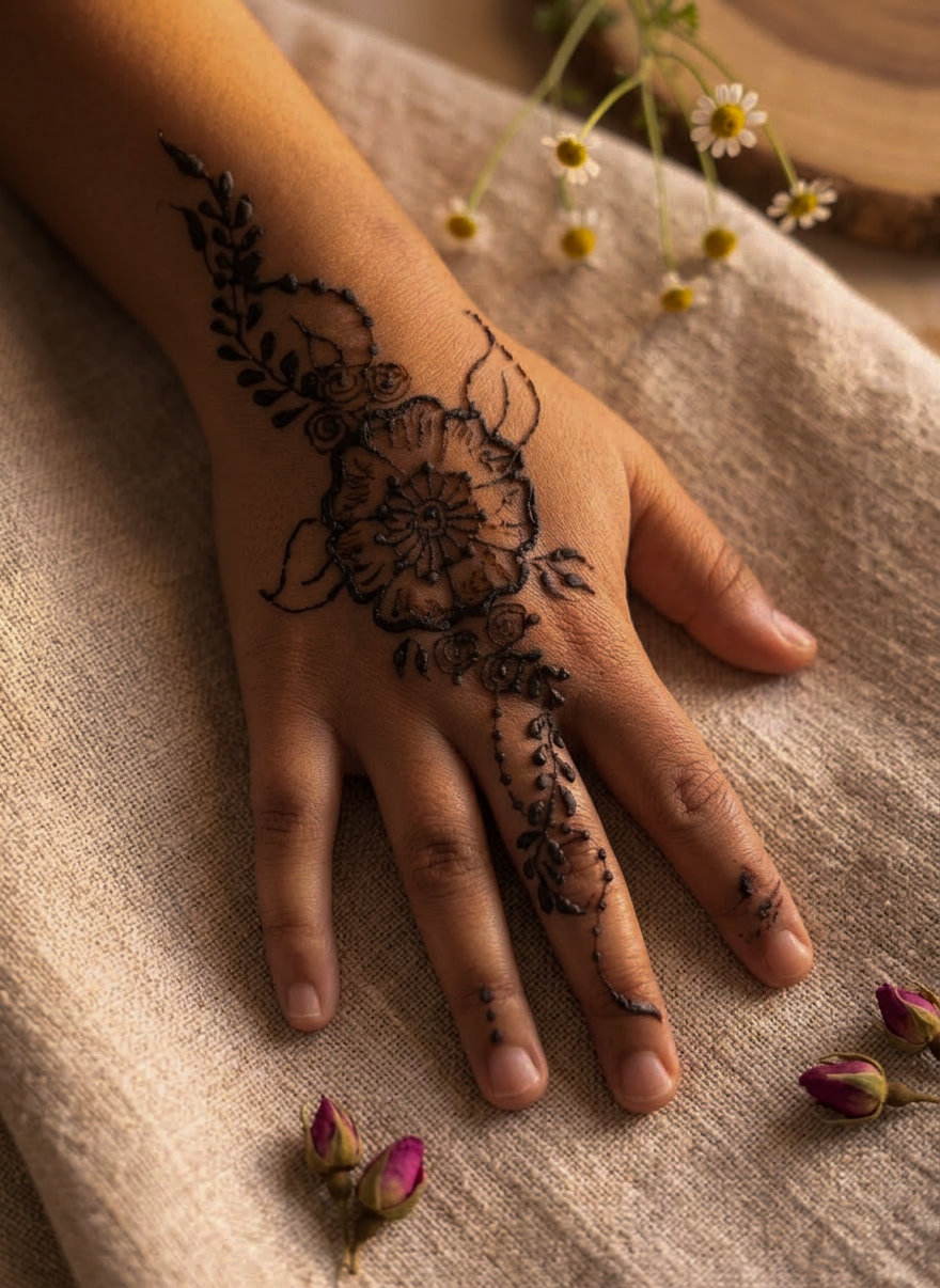 Floral henna hand design with roses