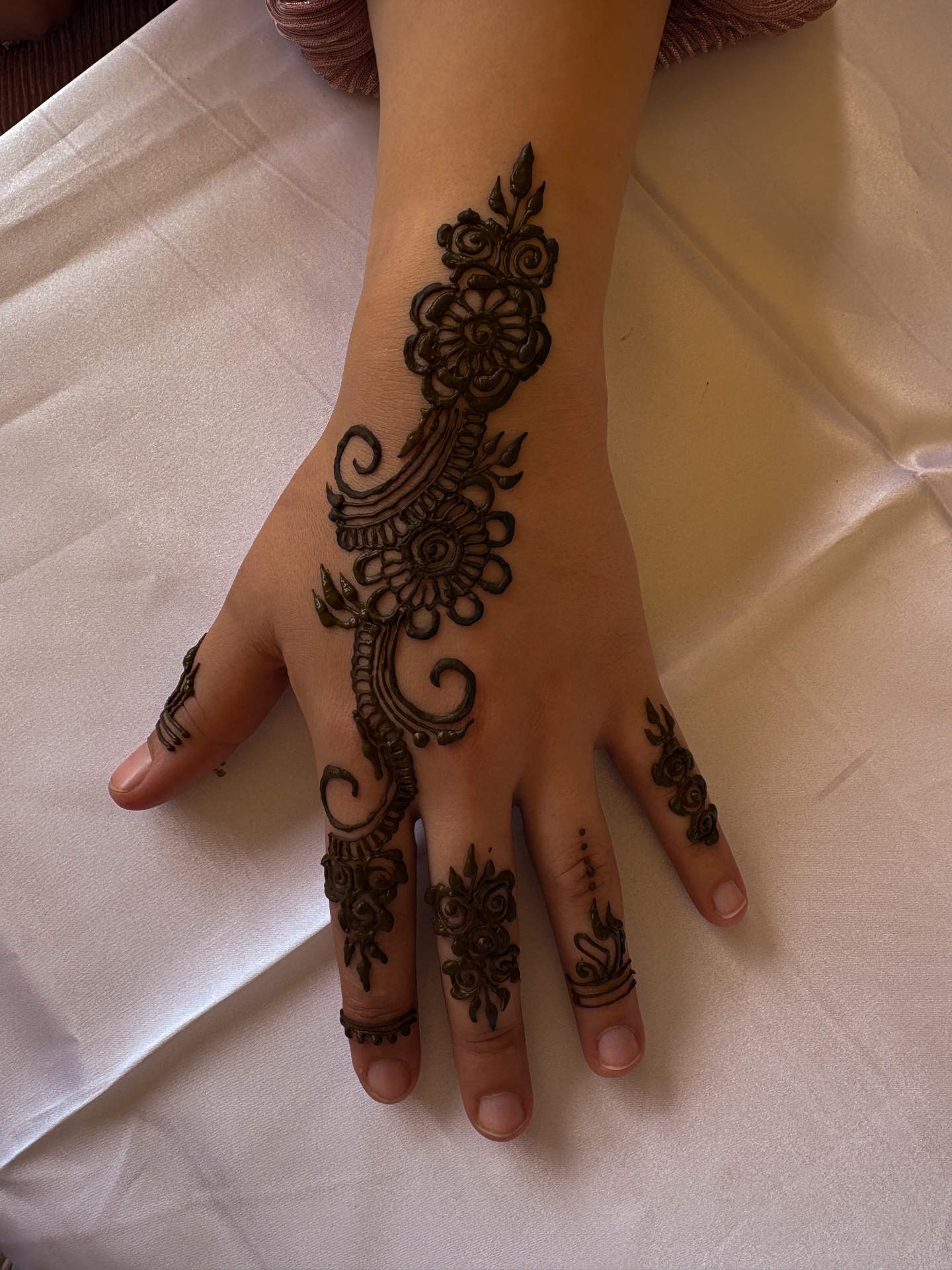 Detailed floral henna hand and finger design